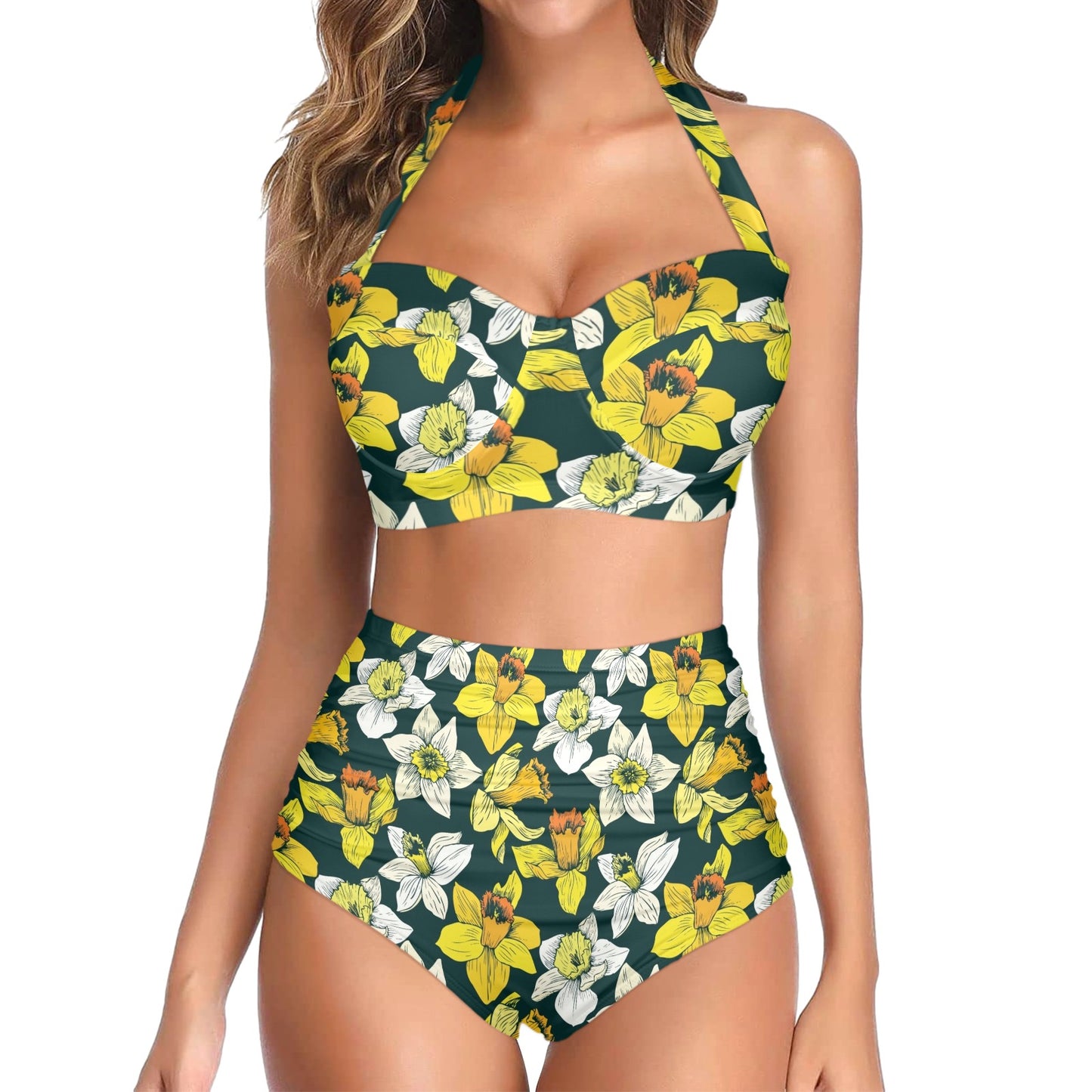 Daffodils Pattern Print Design DF02 Halter Neck Bikini Swimsuit