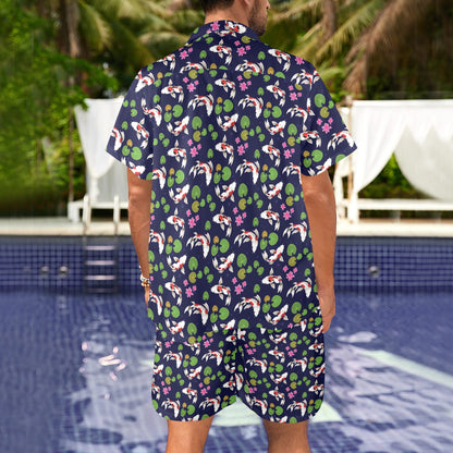 Koi Carp Pattern Design Themed Print Men's Beach Shirt and Shorts Set