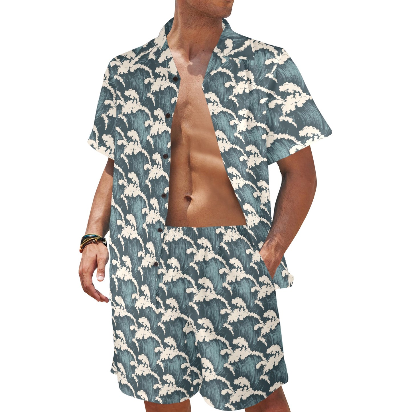 Wave Art Print Men's Beach Shirt and Shorts Set