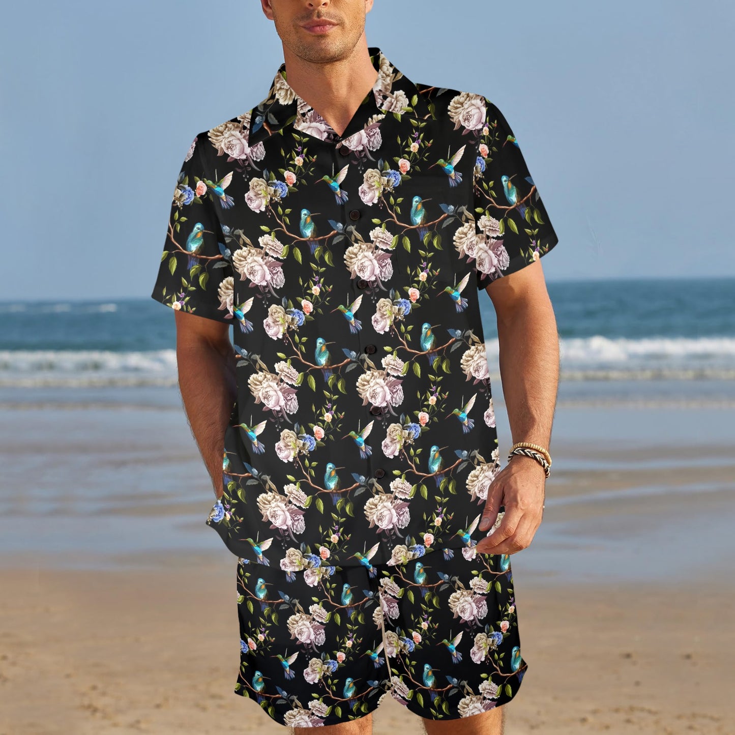 Hummingbird Flower Themed Print Men's Beach Shirt and Shorts Set