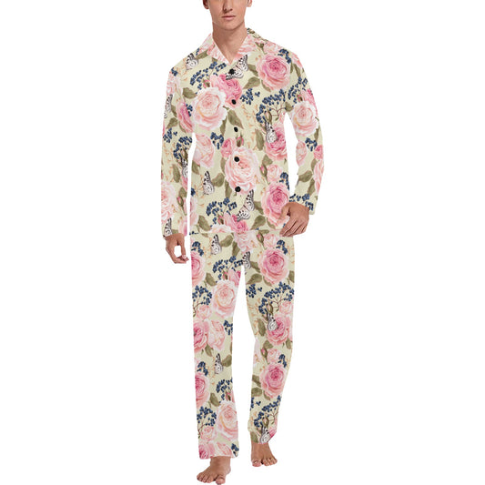 Floral Pink Butterfly Print Men's Long Pajama Set