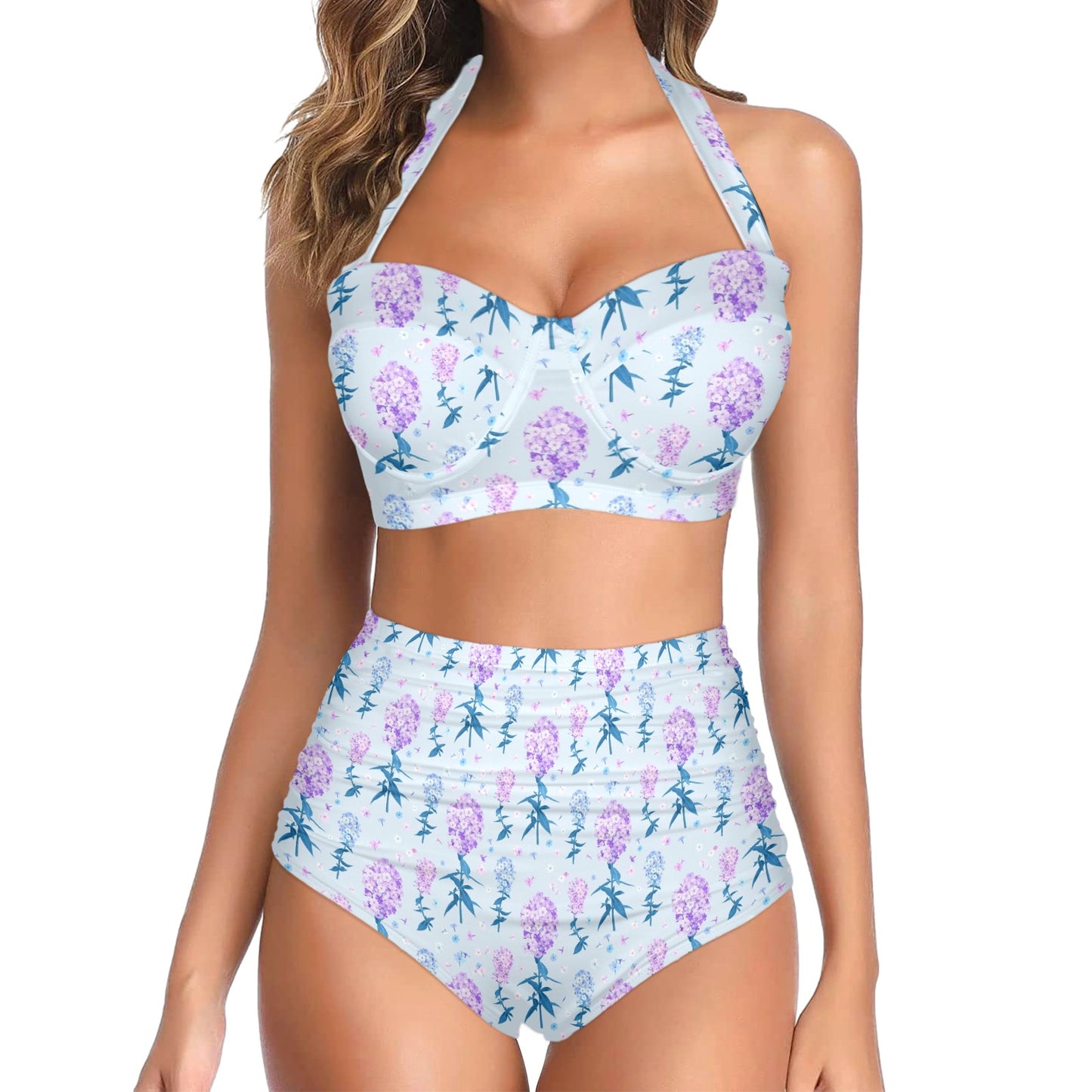 Lilac Pattern Print Design LI05 Halter Neck Bikini Swimsuit