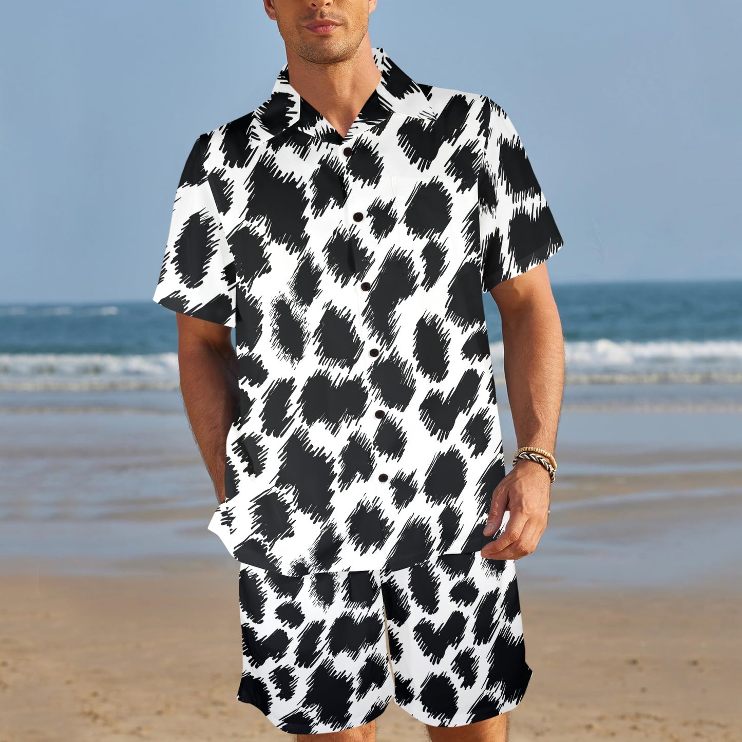Cheetah Black Print Pattern Men's Beach Shirt and Shorts Set