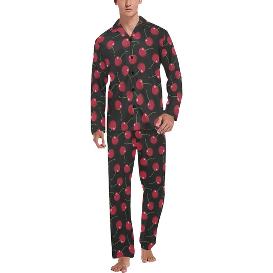 Cherry Black Background Men's Long Pajama Set