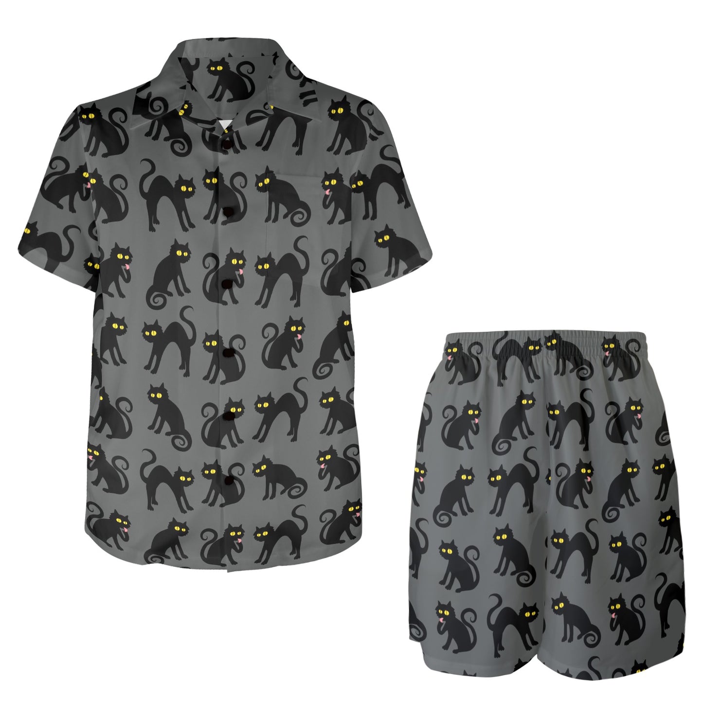 Black Cat Cute Print Pattern Men's Beach Shirt and Shorts Set