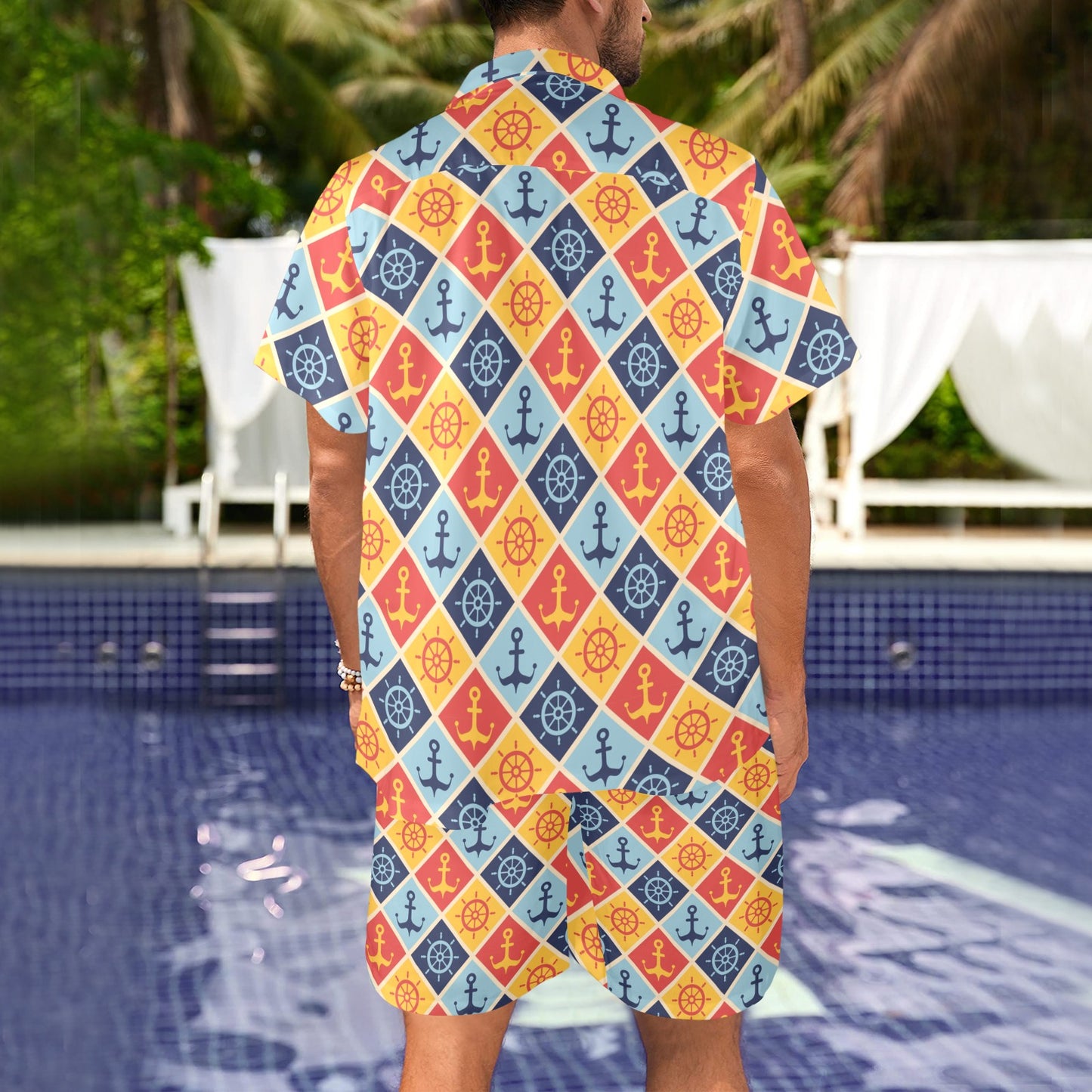 Nautical Pattern Design Themed Print Men's Beach Shirt and Shorts Set