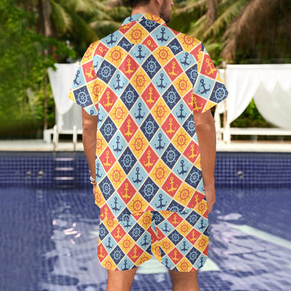 Nautical Pattern Design Themed Print Men's Beach Shirt and Shorts Set