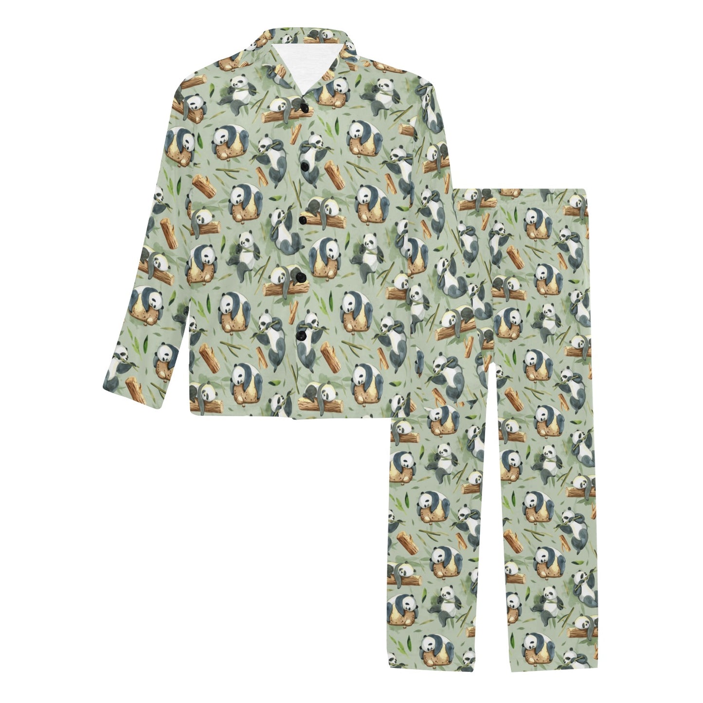 Panda Bear Design Bamboo Print Men's Long Pajama Set