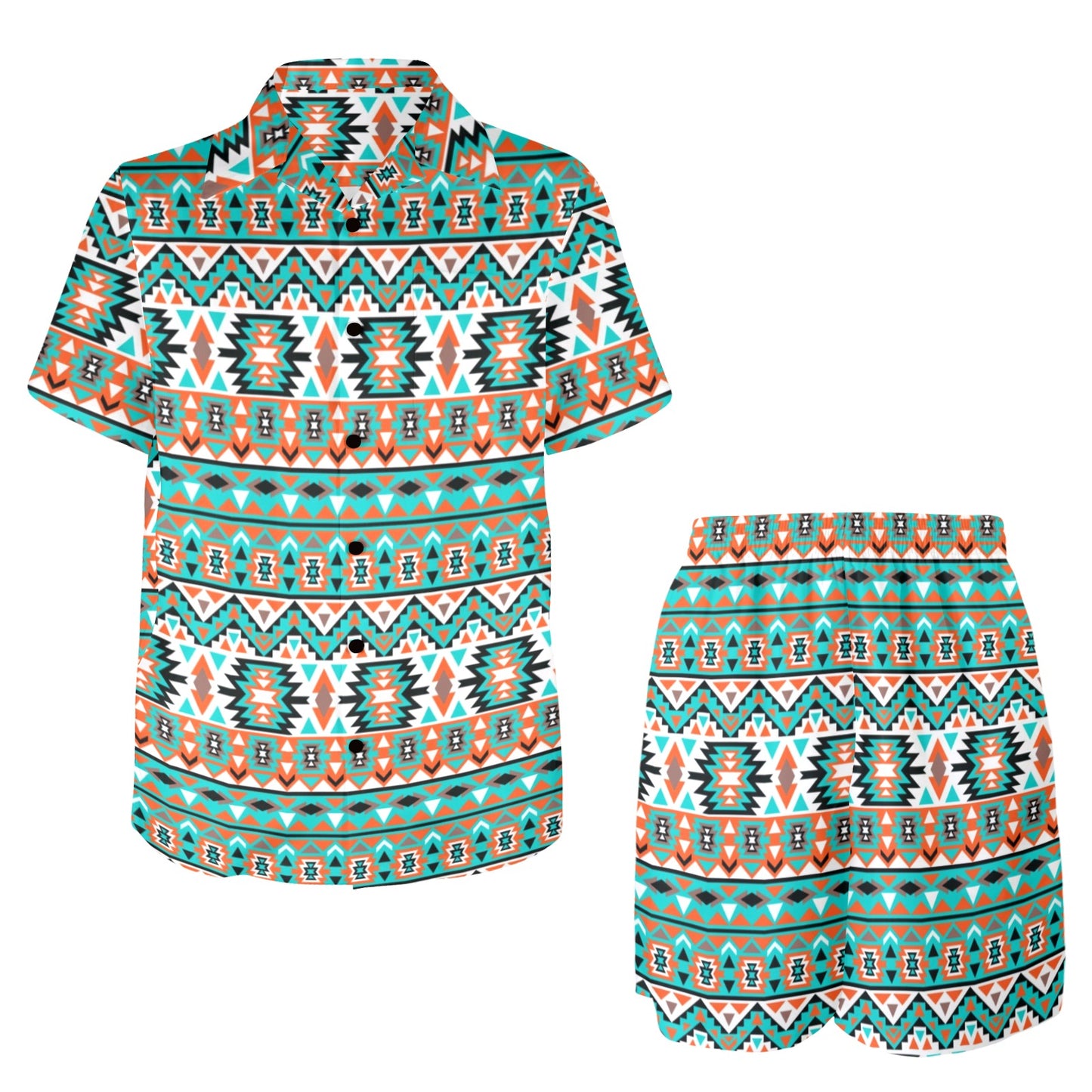 Indian Navajo Ethnic Themed Design Print Men's Beach Shirt and Shorts Set