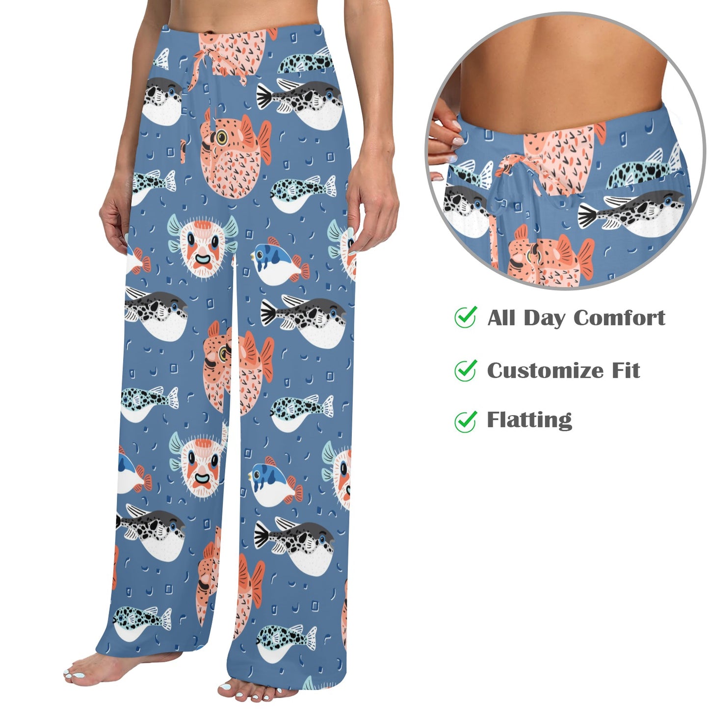 Fugu Pattern Print Design 02 Women's Wide Leg Lounge Pants