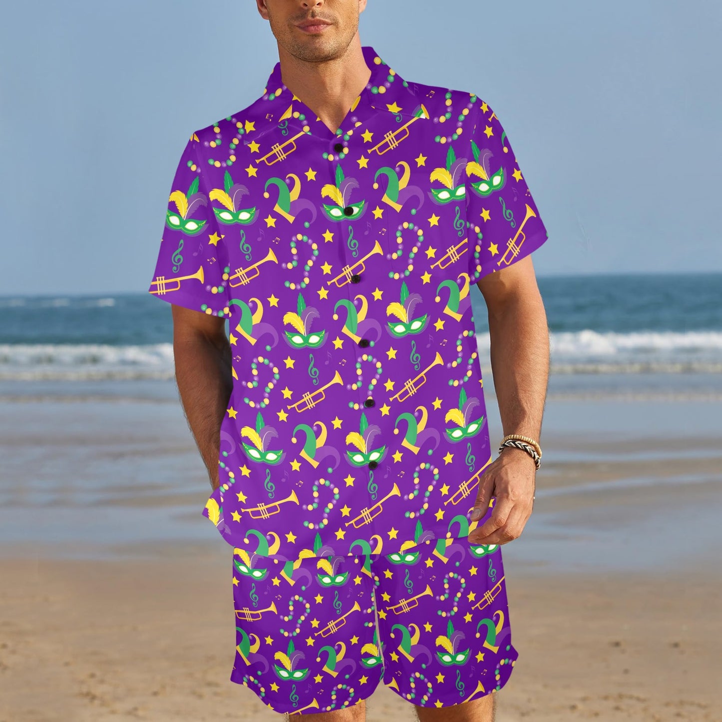 Mardi Gras Pattern Print Design 06 Men's Beach Shirt and Shorts Set