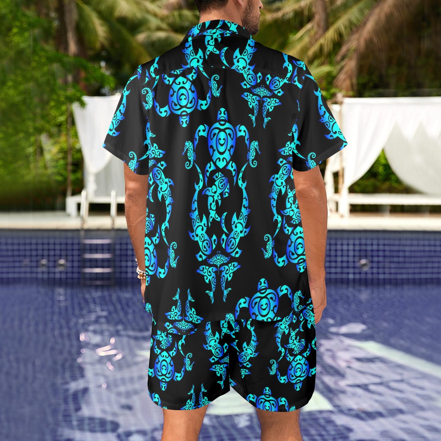 Sea turtle Polynesian Tribal Hawaiian Men's Beach Shirt and Shorts Set