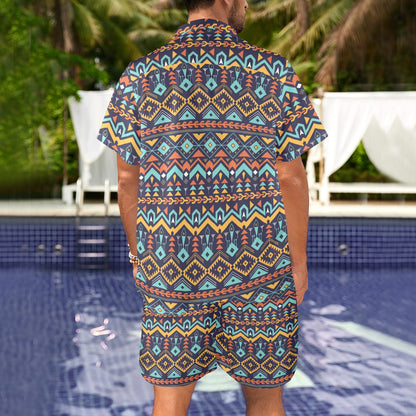 Aztec Style Print Pattern Men's Beach Shirt and Shorts Set