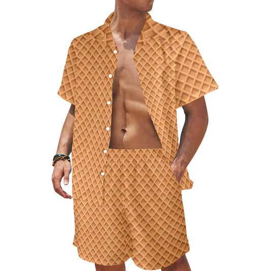 Waffle Texture Print Design LKS301 Men's Beach Shirt and Shorts Set