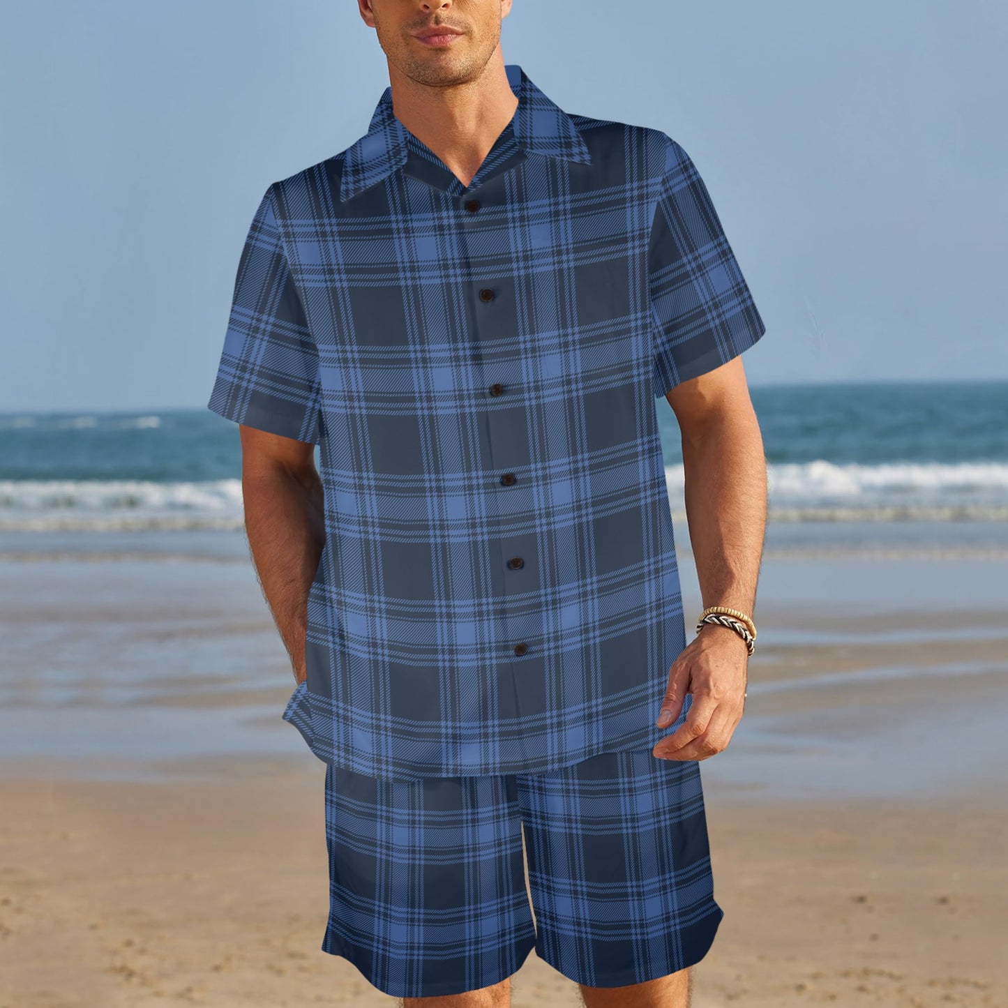 Tartan Blue Print Design LKS304 Men's Beach Shirt and Shorts Set