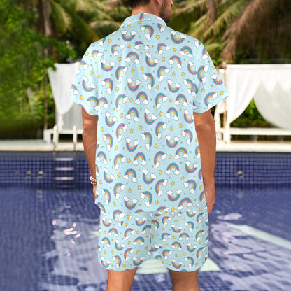 Rainbow Cloud Print Pattern Men's Beach Shirt and Shorts Set
