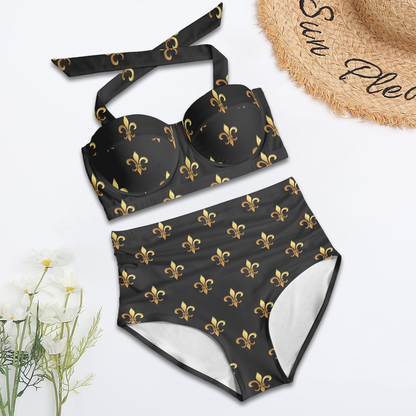 Fleur De Lis Gold Pattern Print Design 03 Halter Neck Bikini Swimsuit