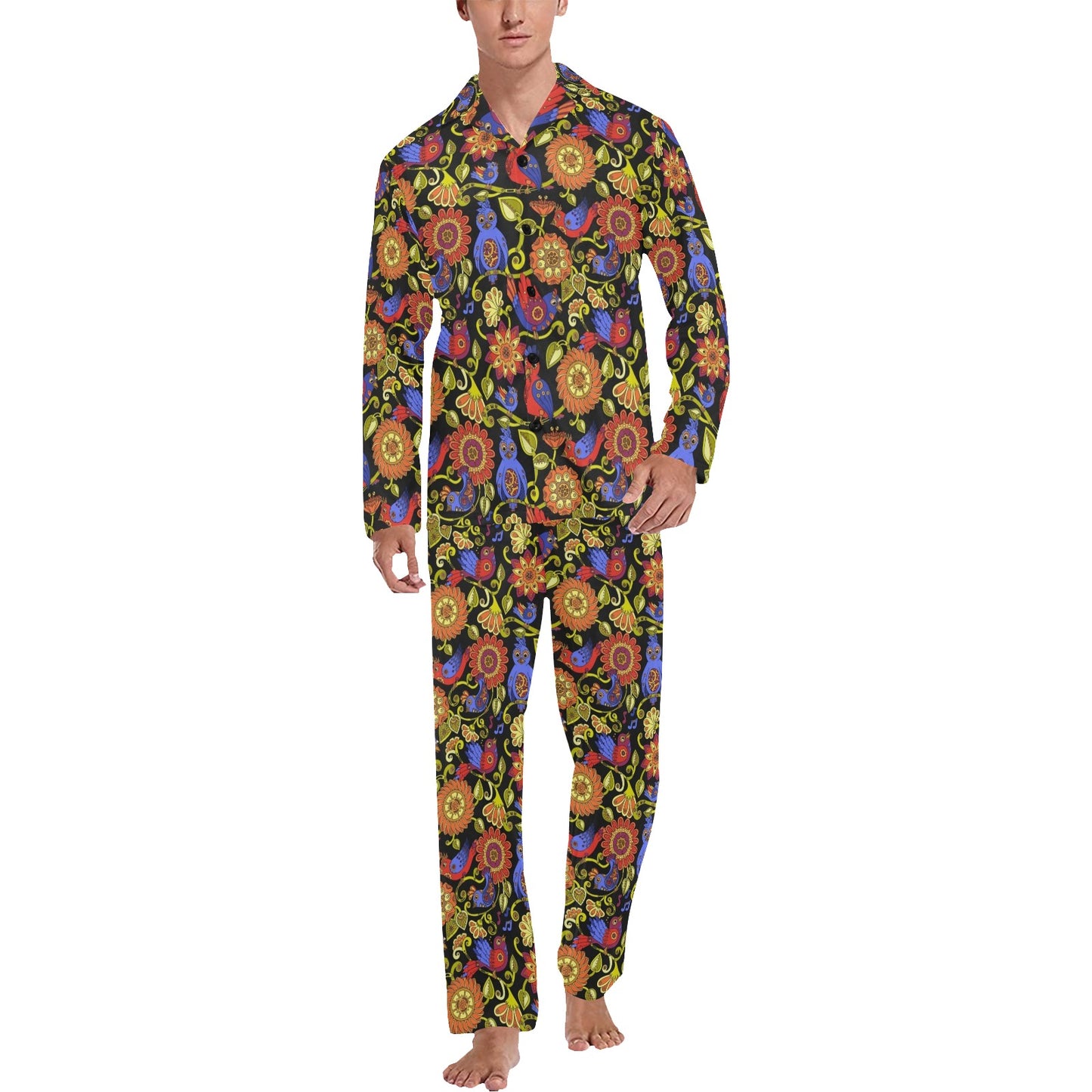 Steampunk Bird Design Themed Print Men's Long Pajama Set