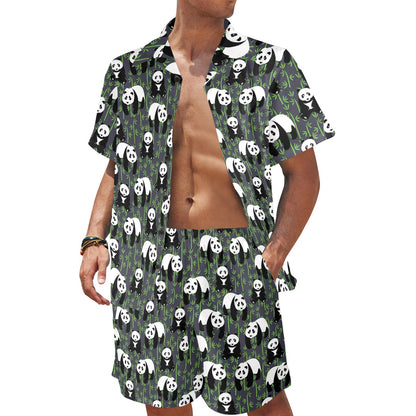 Panda Bear Bamboo Themed Print Men's Beach Shirt and Shorts Set