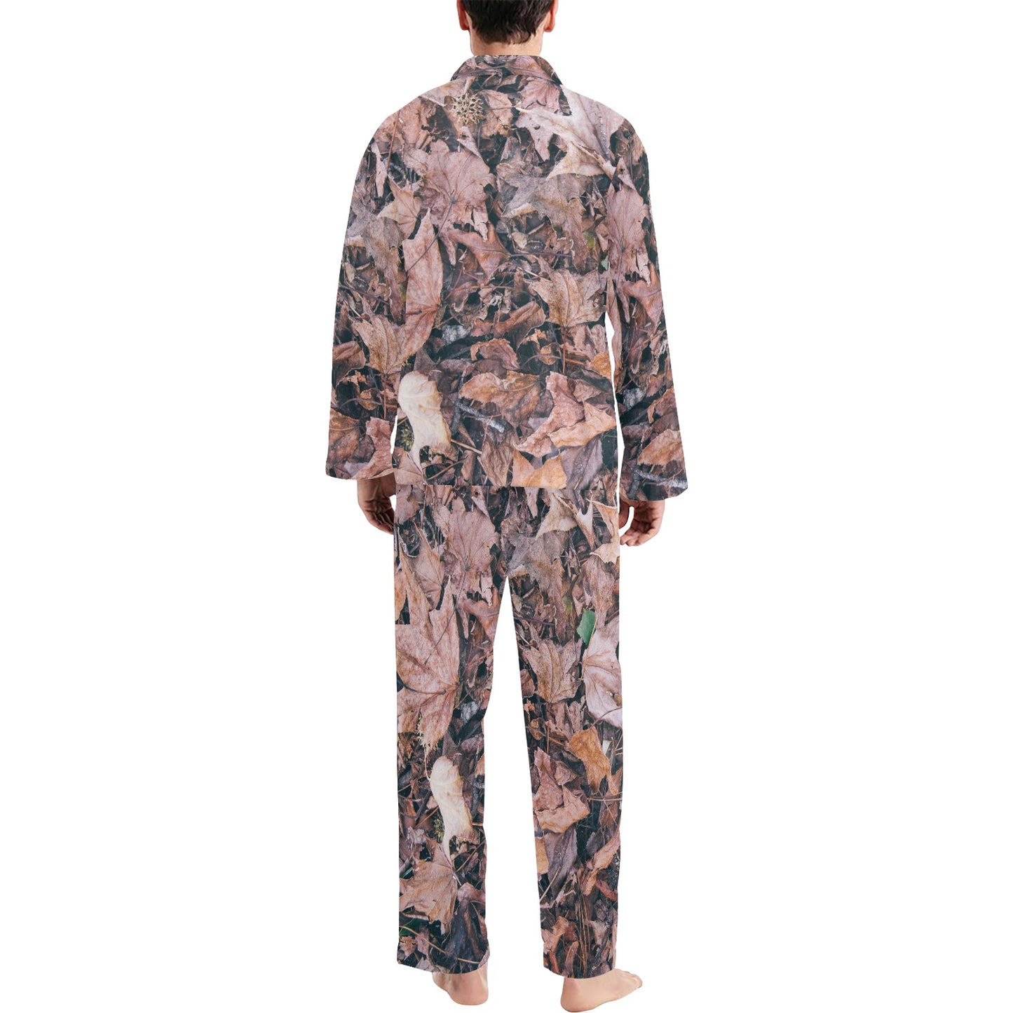 Camouflage Realistic Tree Leaf Print Men's Long Pajama Set