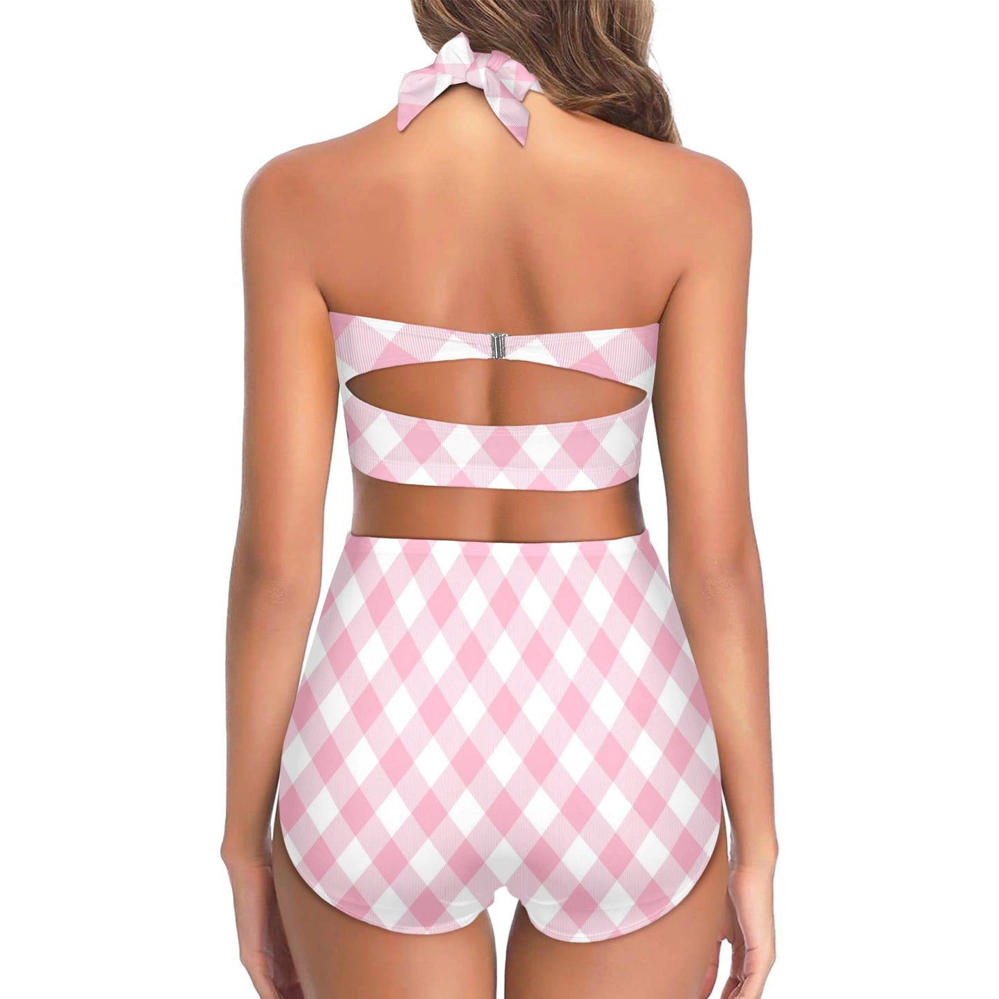 Gingham Pink Pattern Print Design 02 Halter Neck Bikini Swimsuit