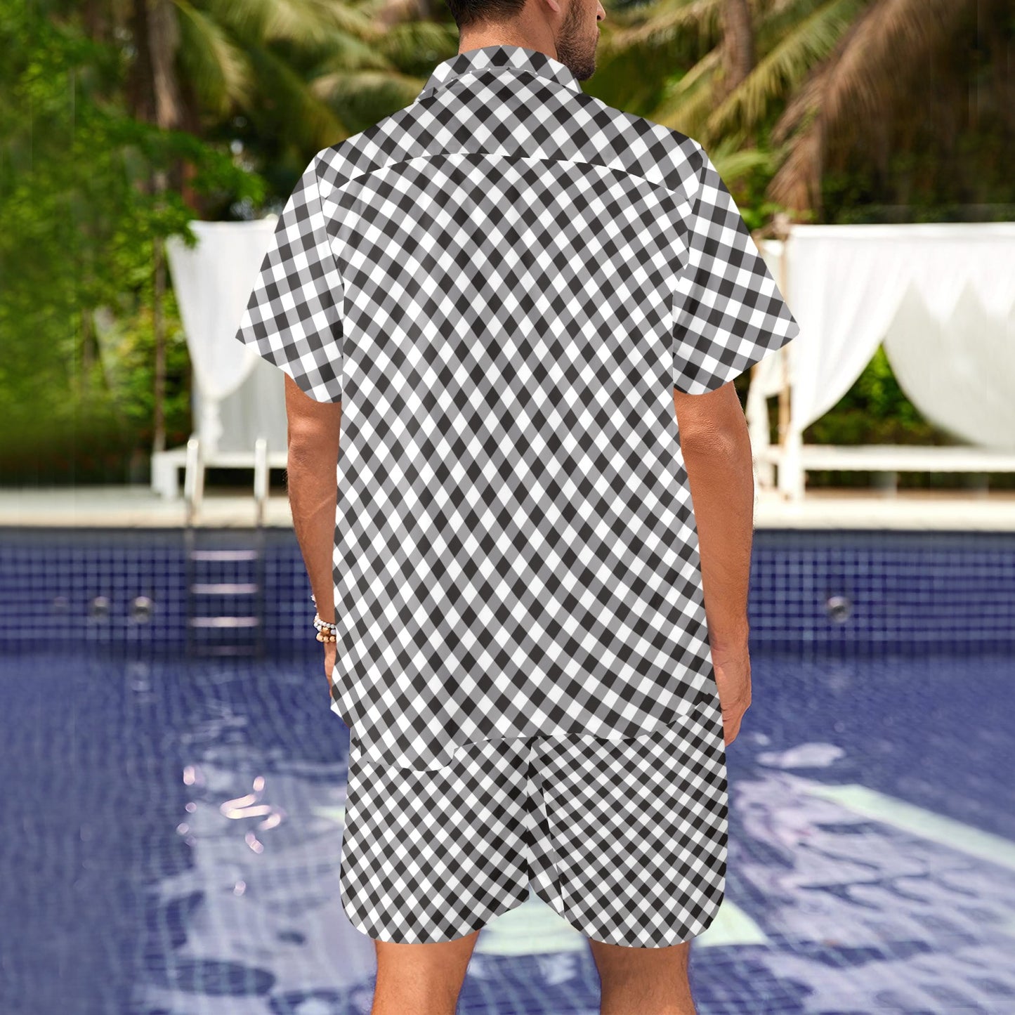 Gingham Print Design LKS402 Men's Beach Shirt and Shorts Set
