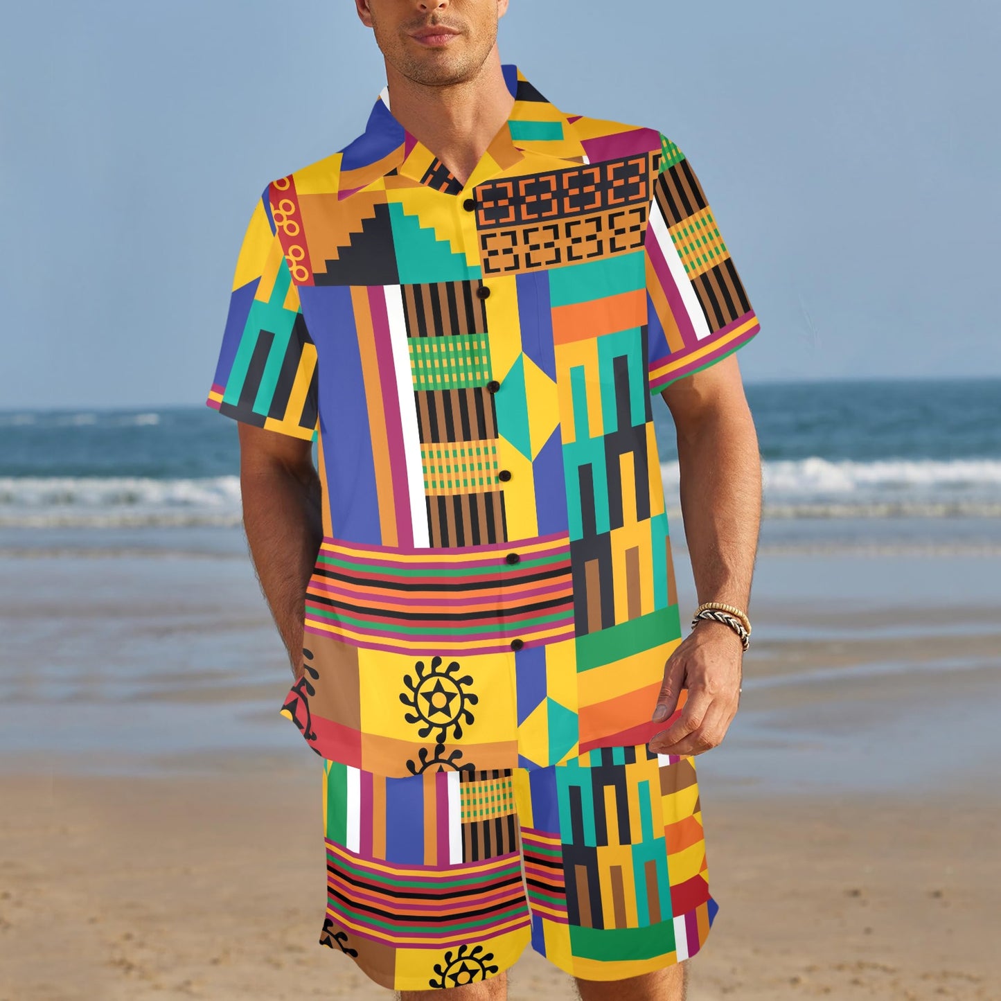 Kente Pattern Print Design 03 Men's Beach Shirt and Shorts Set