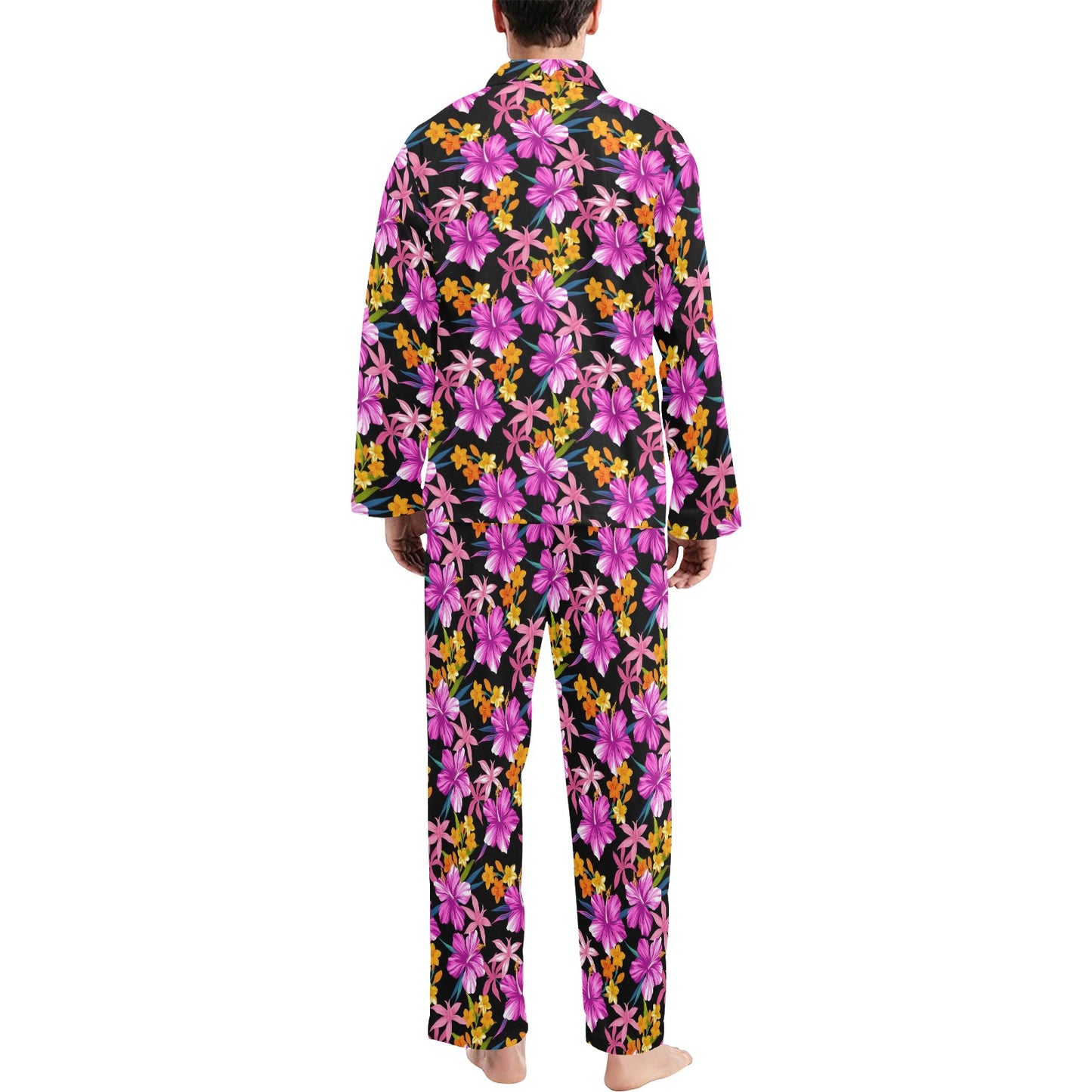 Tropical Folower Pink Hibiscus Print Men's Long Pajama Set