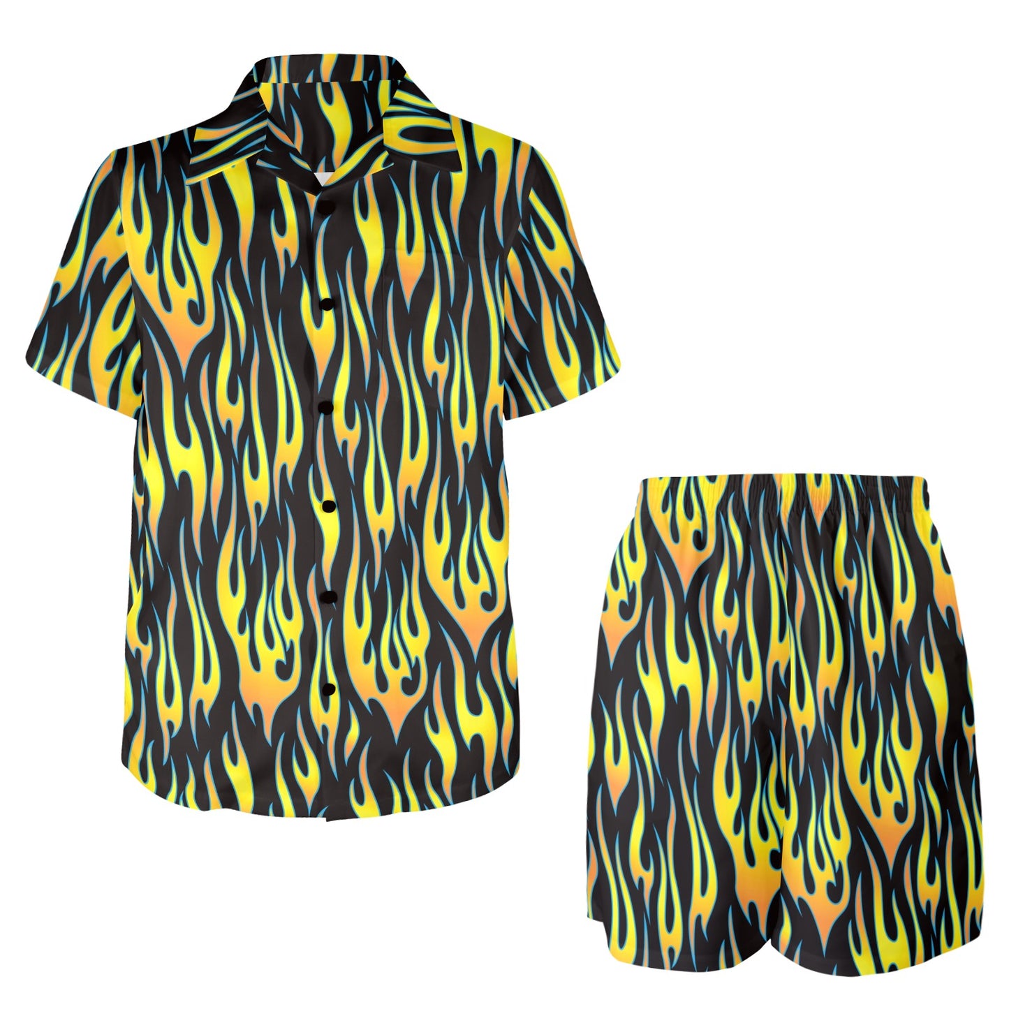 Flame Fire Yellow Pattern Men's Beach Shirt and Shorts Set