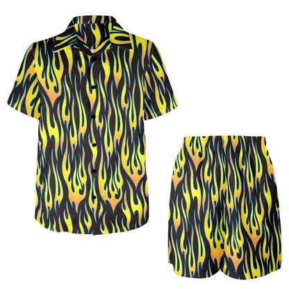 Flame Fire Yellow Pattern Men's Beach Shirt and Shorts Set