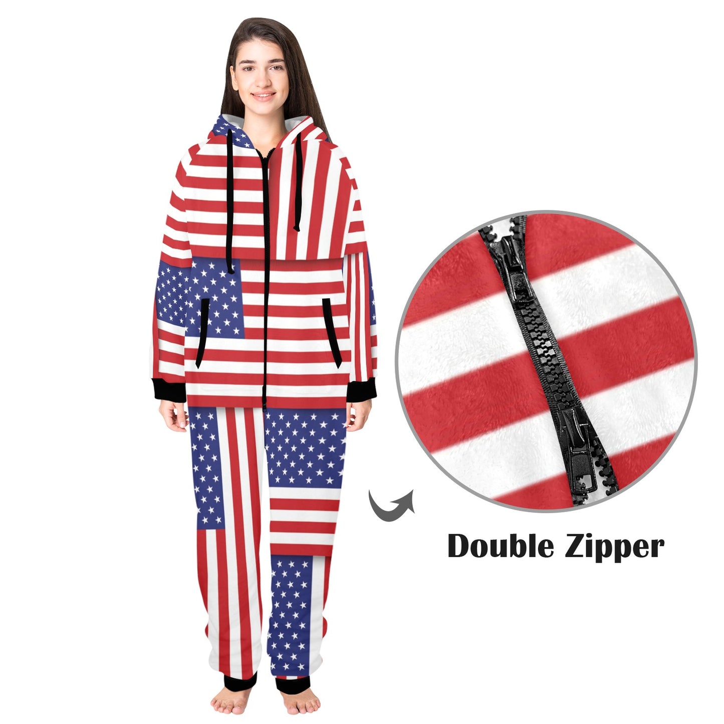 Patriotic US Flag Pattern Print Design A01 Hooded Fleece Onesie Pajama Jumpsuit