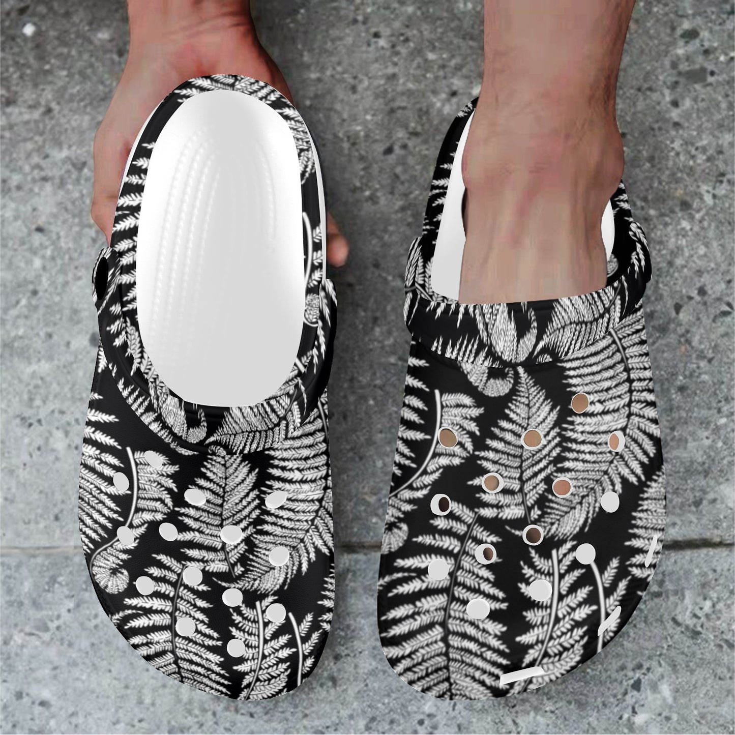 Fern Leave Black White Print Pattern Unisex Clogs Shoes