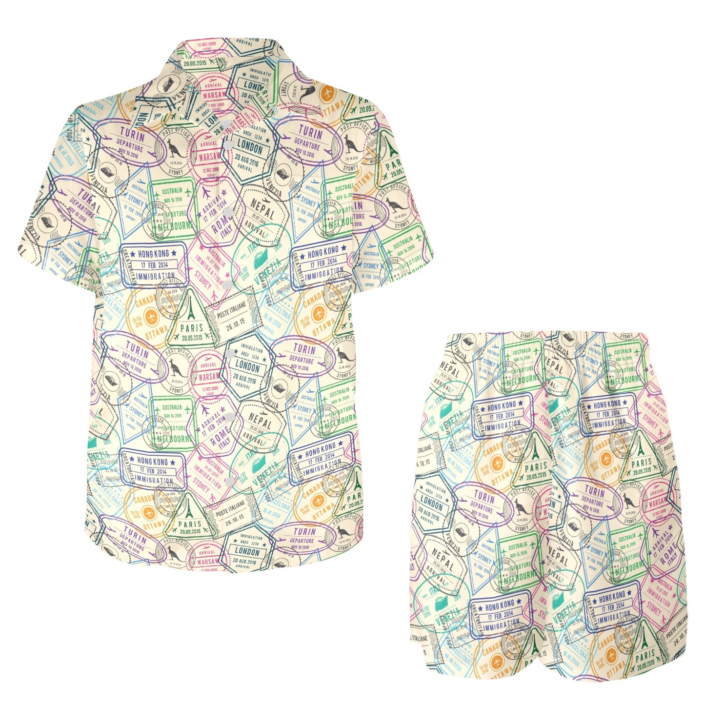 Travel Stamp Print Design LKS303 Men's Beach Shirt and Shorts Set