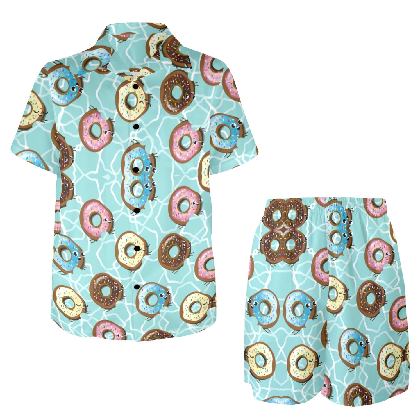 Emoji Donut Print Pattern Men's Beach Shirt and Shorts Set