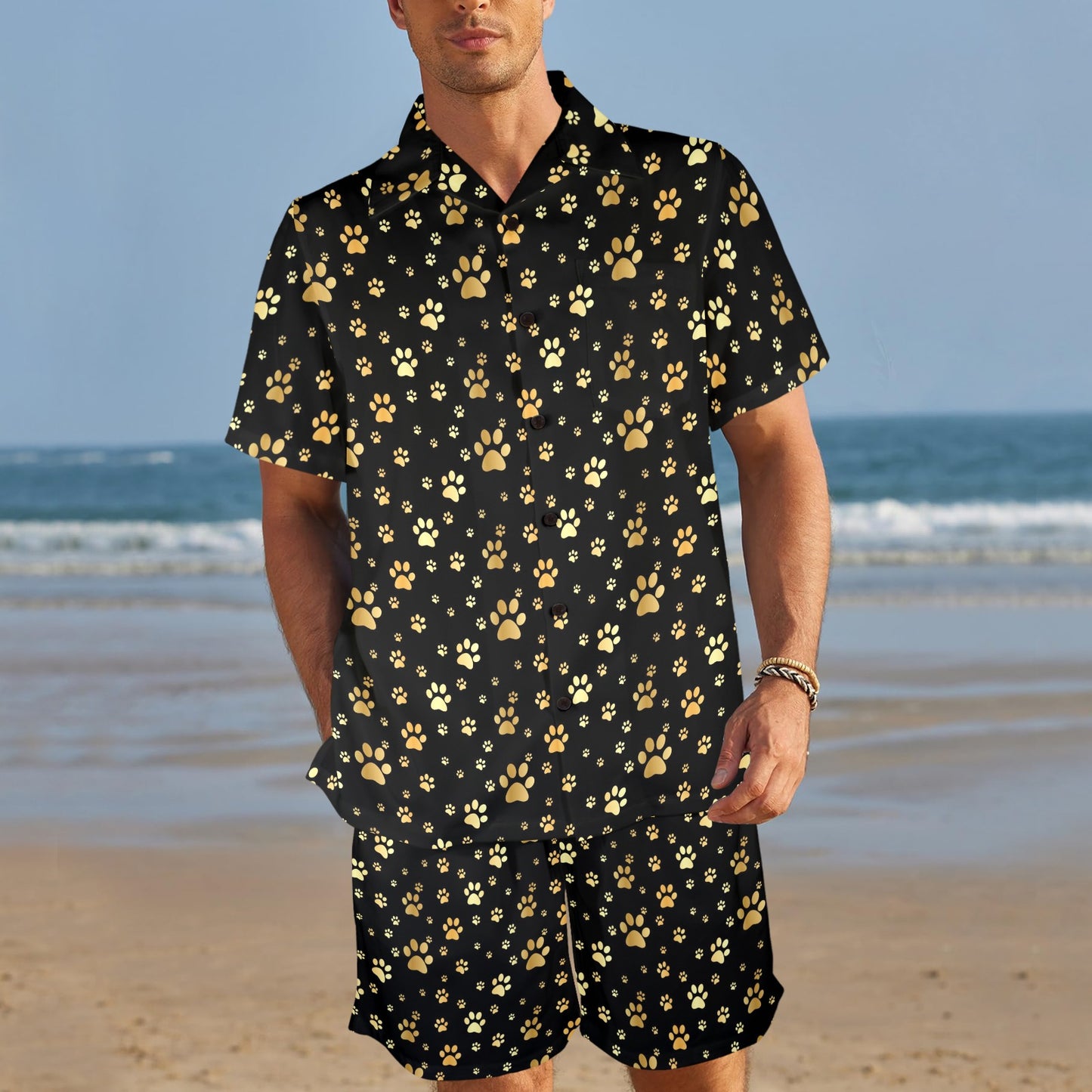 Paw Gold Print Men's Beach Shirt and Shorts Set