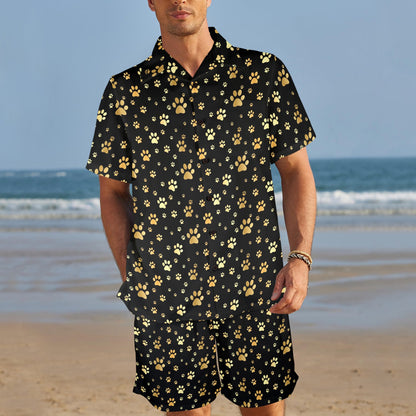 Paw Gold Print Men's Beach Shirt and Shorts Set