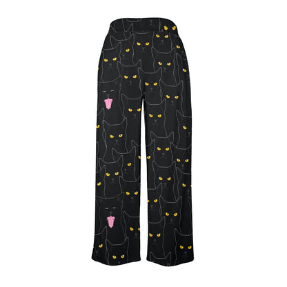Black Cat Yellow Eyes Print Pattern Women's Wide Leg Lounge Pants