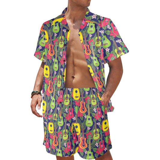 Ukulele Tropical Pattern Print Design 03 Men's Beach Shirt and Shorts Set