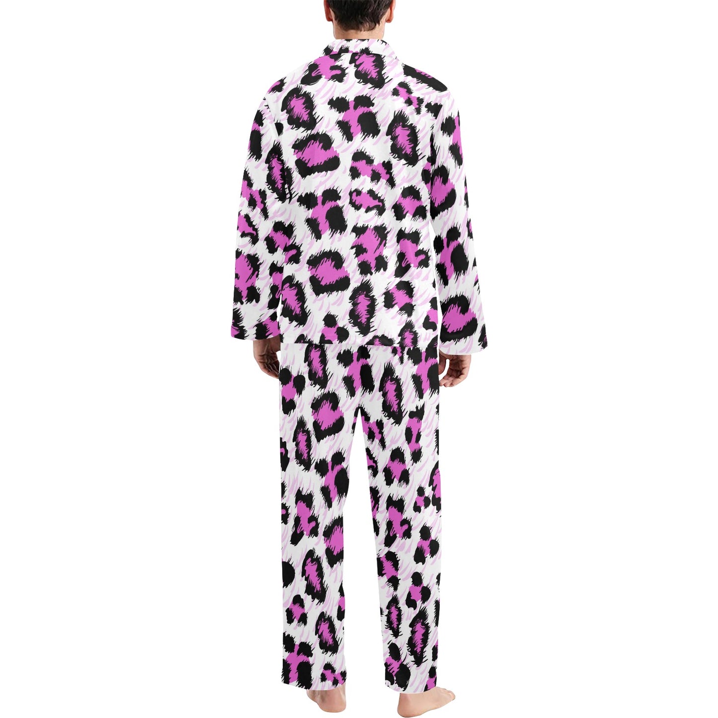 Leopard Pink Skin Print Men's Long Pajama Set