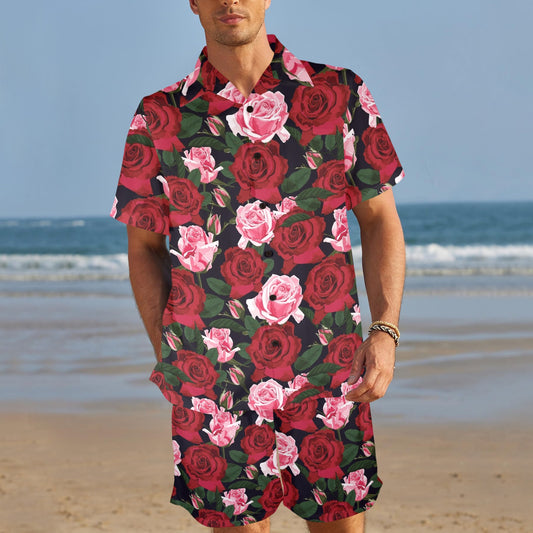 Rose Red Pink Pattern Print Design RO01 Men's Beach Shirt and Shorts Set