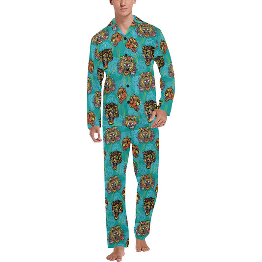 Tattoo Tiger Head Print Design LKS304 Men's Long Pajama Set