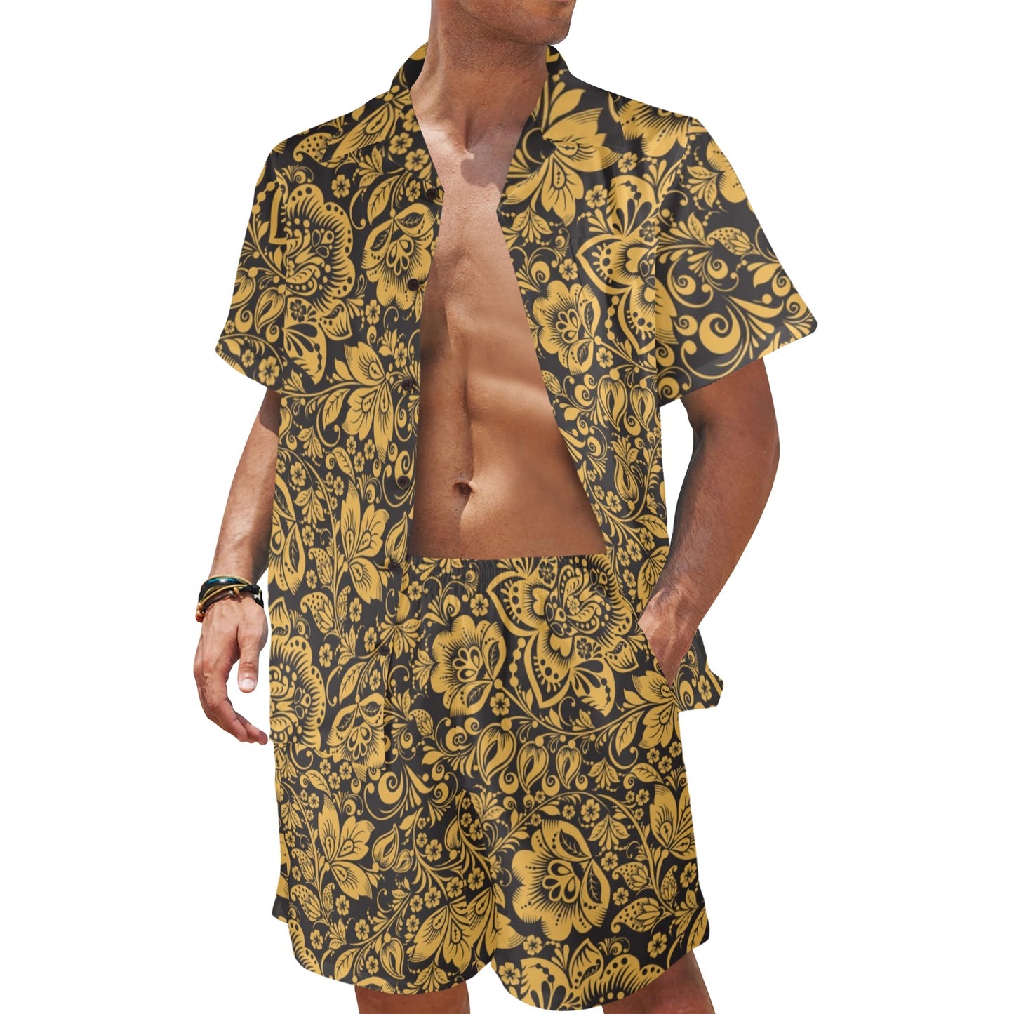 Brocade Gold Pattern Print Design 01 Men's Beach Shirt and Shorts Set