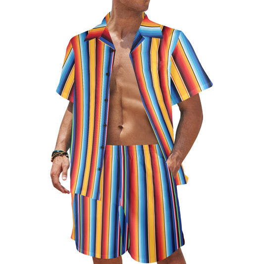 Mexican Blanket Stripe Print Pattern Men's Beach Shirt and Shorts Set