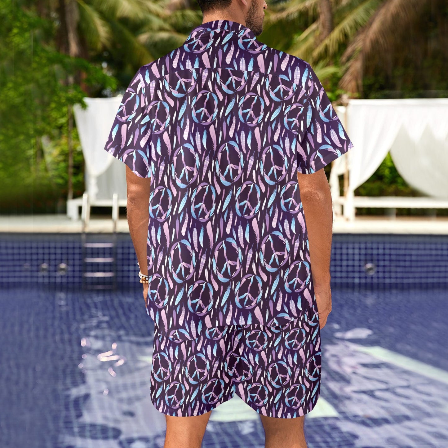 Peace Sign Feather Design Print Men's Beach Shirt and Shorts Set