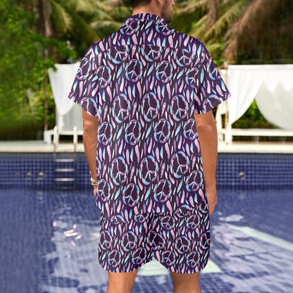 Peace Sign Feather Design Print Men's Beach Shirt and Shorts Set
