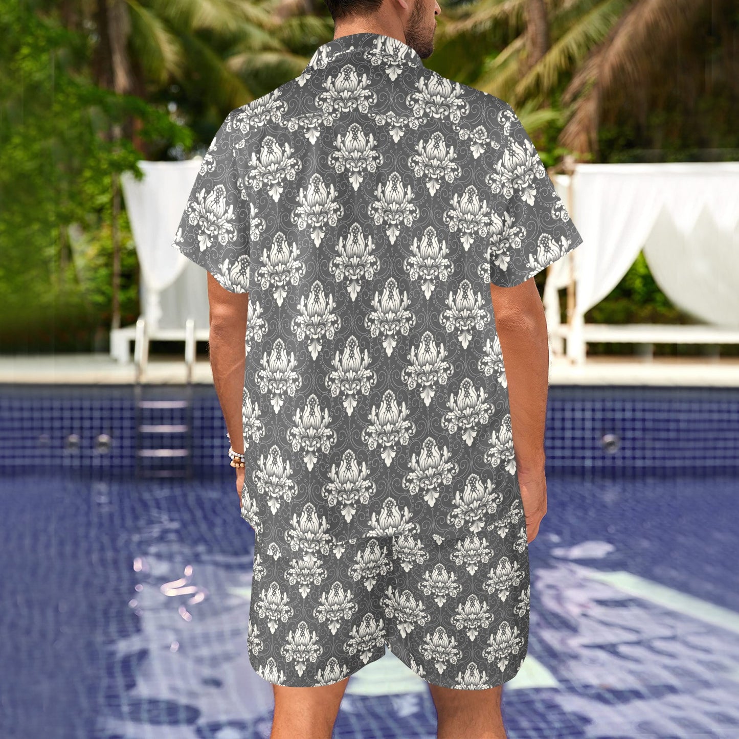 damask gray Design Print Pattern JJ056 Men's Beach Shirt and Shorts Set