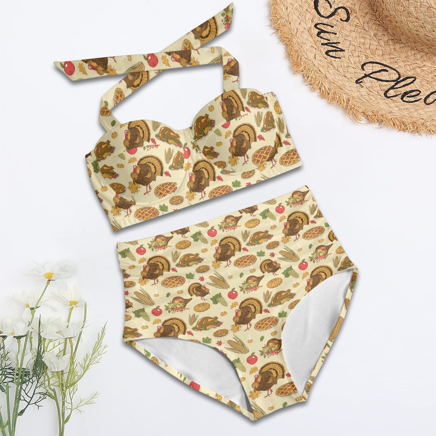 Thanksgiving Print Design LKS302 Halter Neck Bikini Swimsuit