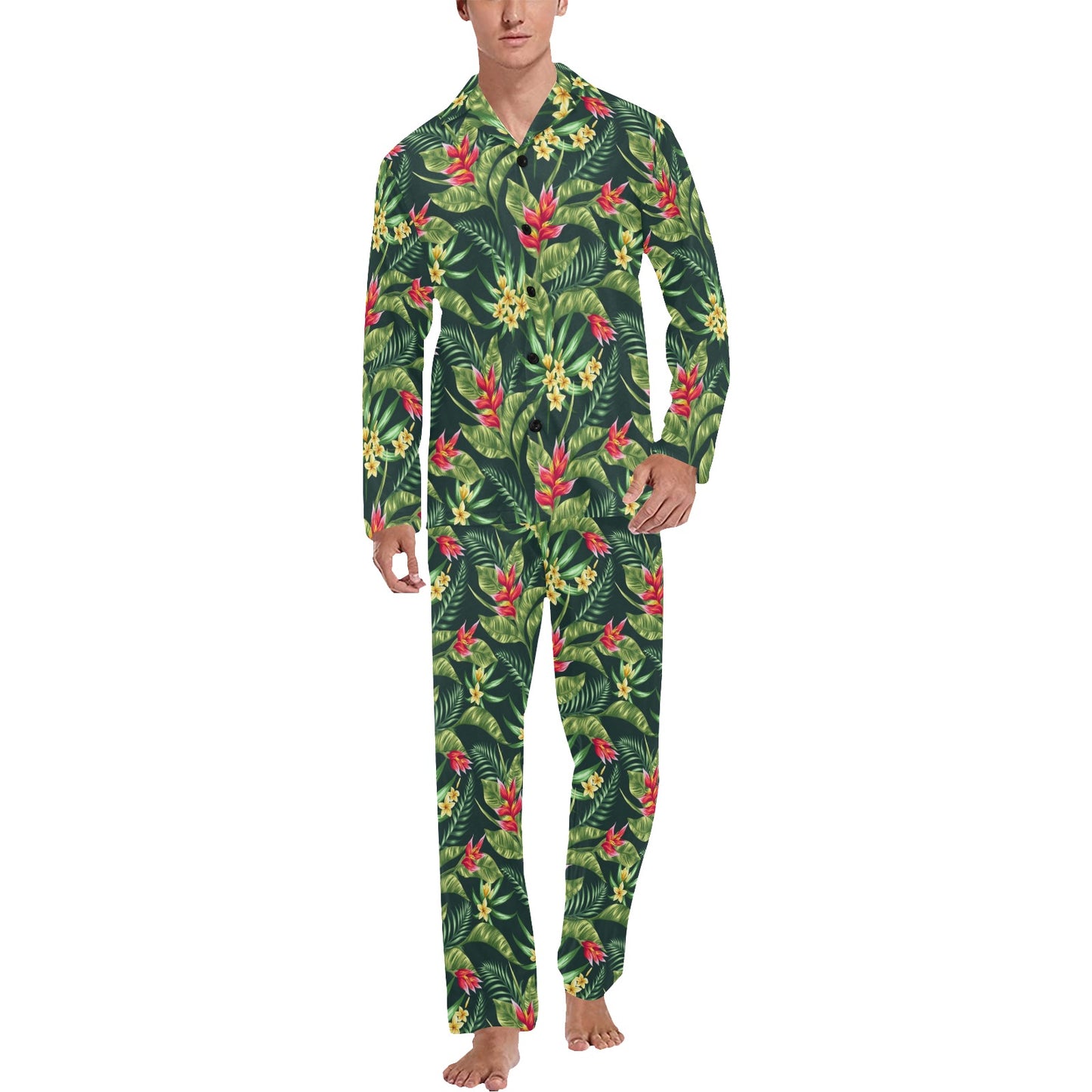 Tropical Folower Red Heliconia Print Men's Long Pajama Set