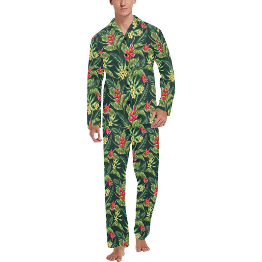 Tropical Folower Red Heliconia Print Men's Long Pajama Set