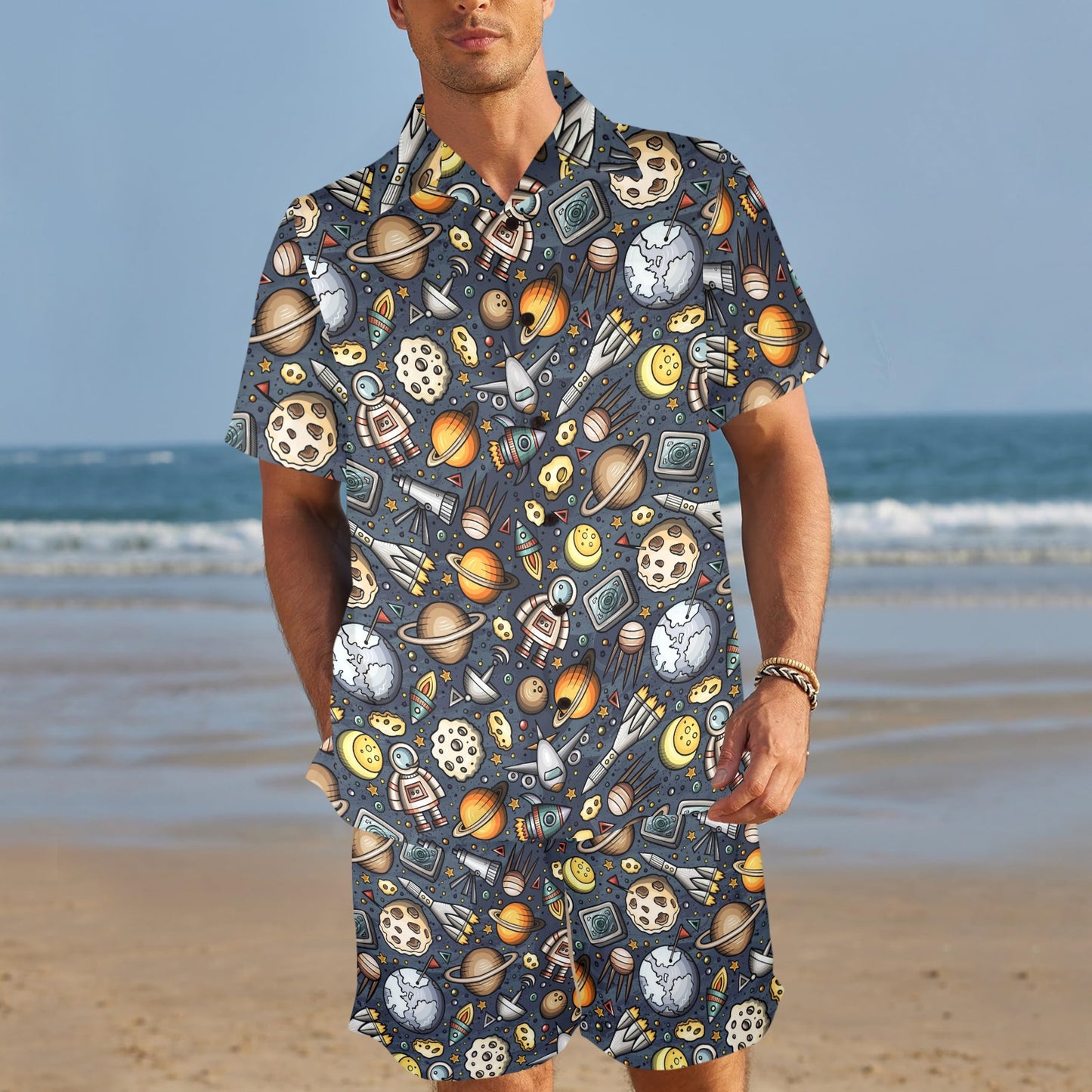 Space Pattern Print Men's Beach Shirt and Shorts Set